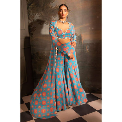 Neha Khullar Blue Georgette Blouse Jacket with Palazzo (Set of 3)