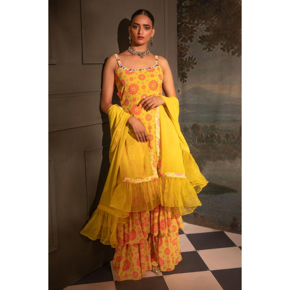 Neha Khullar Yellow Georgette Kurti Sharara with Dupatta (Set of 3)