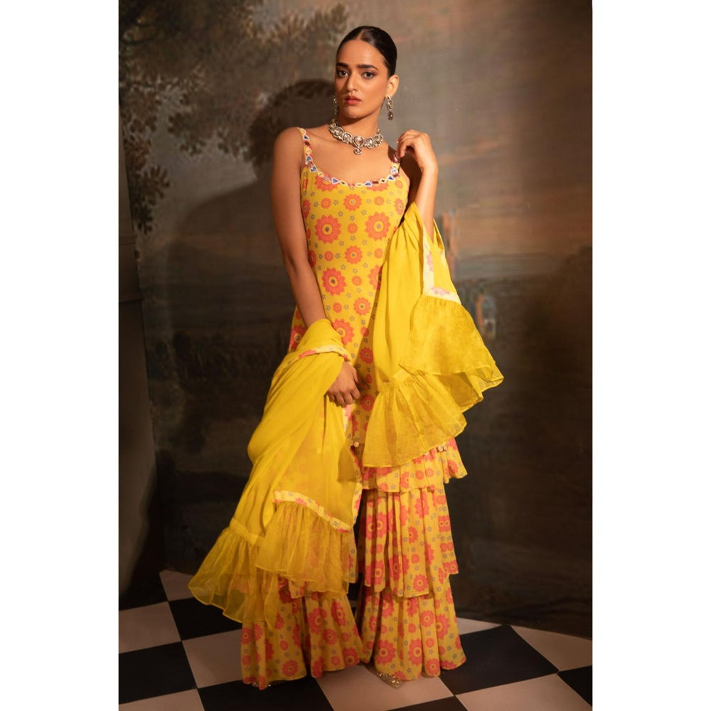 Neha Khullar Yellow Georgette Kurti Sharara with Dupatta (Set of 3)