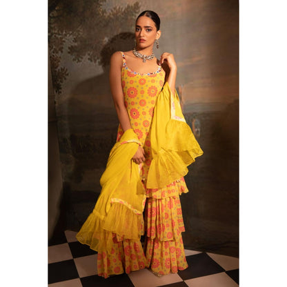 Neha Khullar Yellow Georgette Kurti Sharara with Dupatta (Set of 3)