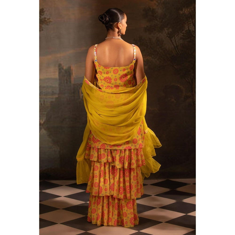 Neha Khullar Yellow Georgette Kurti Sharara with Dupatta (Set of 3)