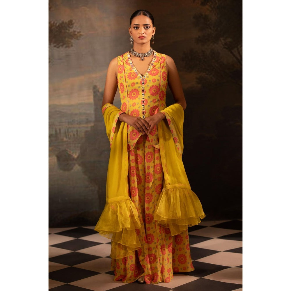 Neha Khullar Yellow Georgette Kurti Sharara with Dupatta (Set of 3)