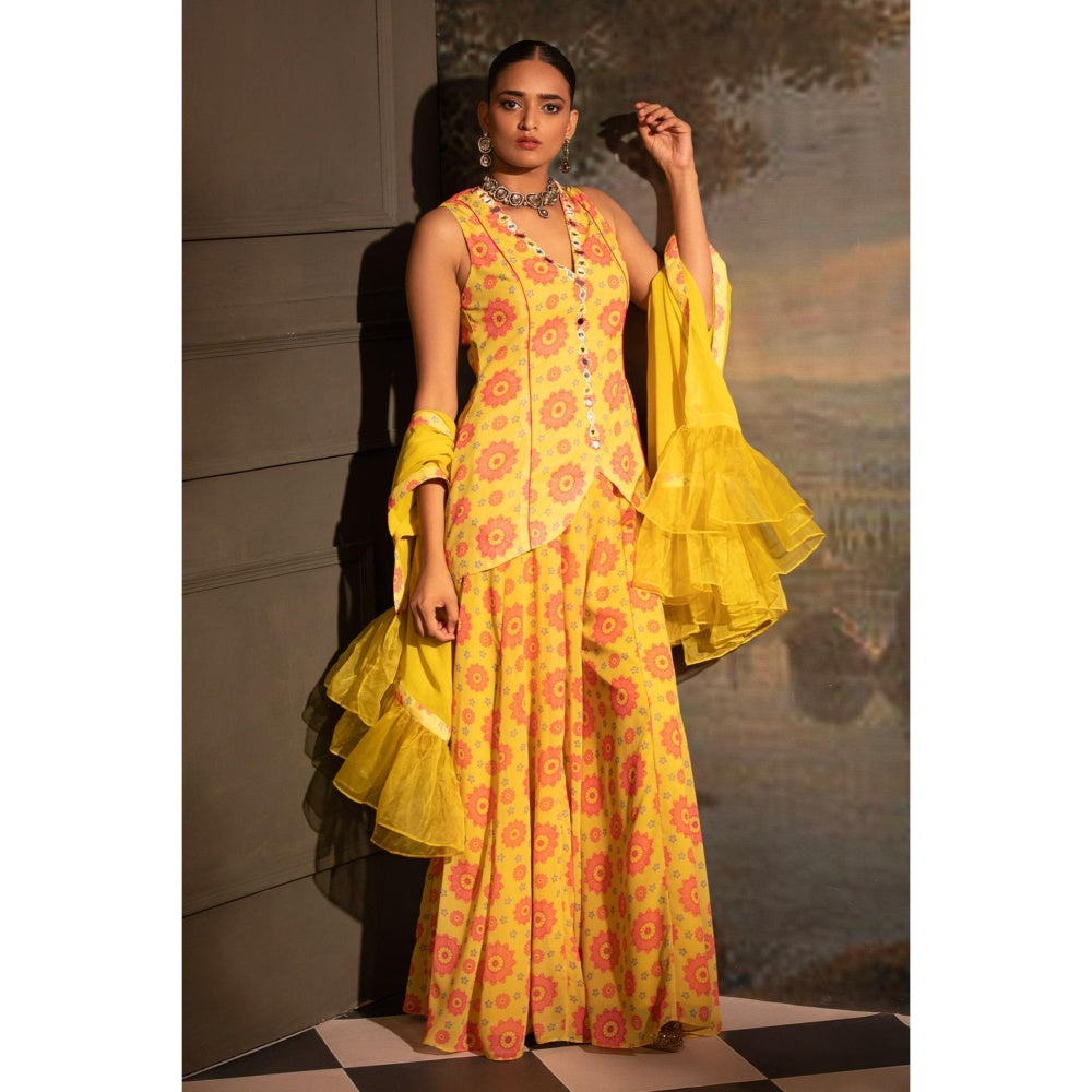 Neha Khullar Yellow Georgette Kurti Sharara with Dupatta (Set of 3)