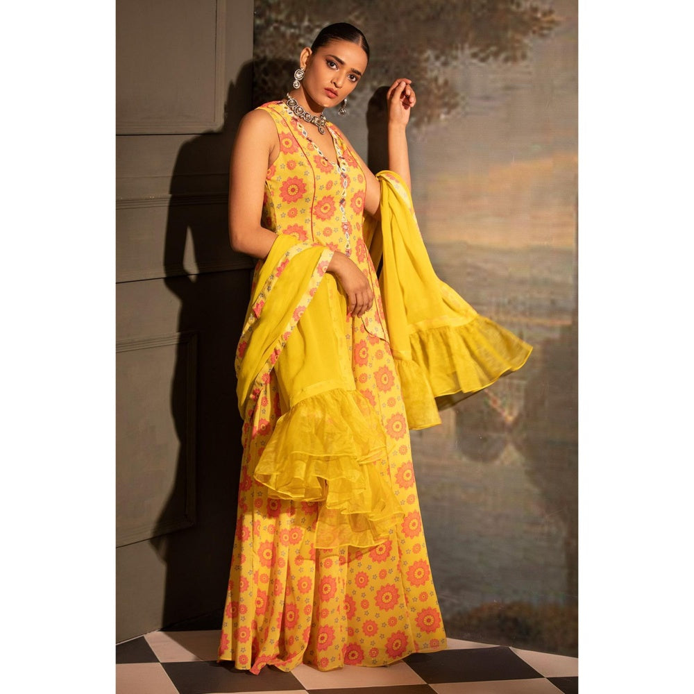 Neha Khullar Yellow Georgette Kurti Sharara with Dupatta (Set of 3)