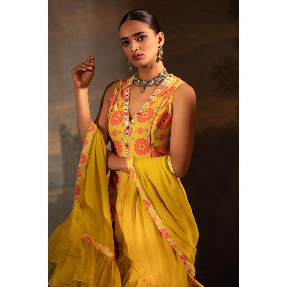 Neha Khullar Yellow Georgette Kurti Sharara with Dupatta (Set of 3)