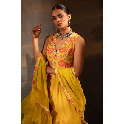 Neha Khullar Yellow Georgette Kurti Sharara with Dupatta (Set of 3)