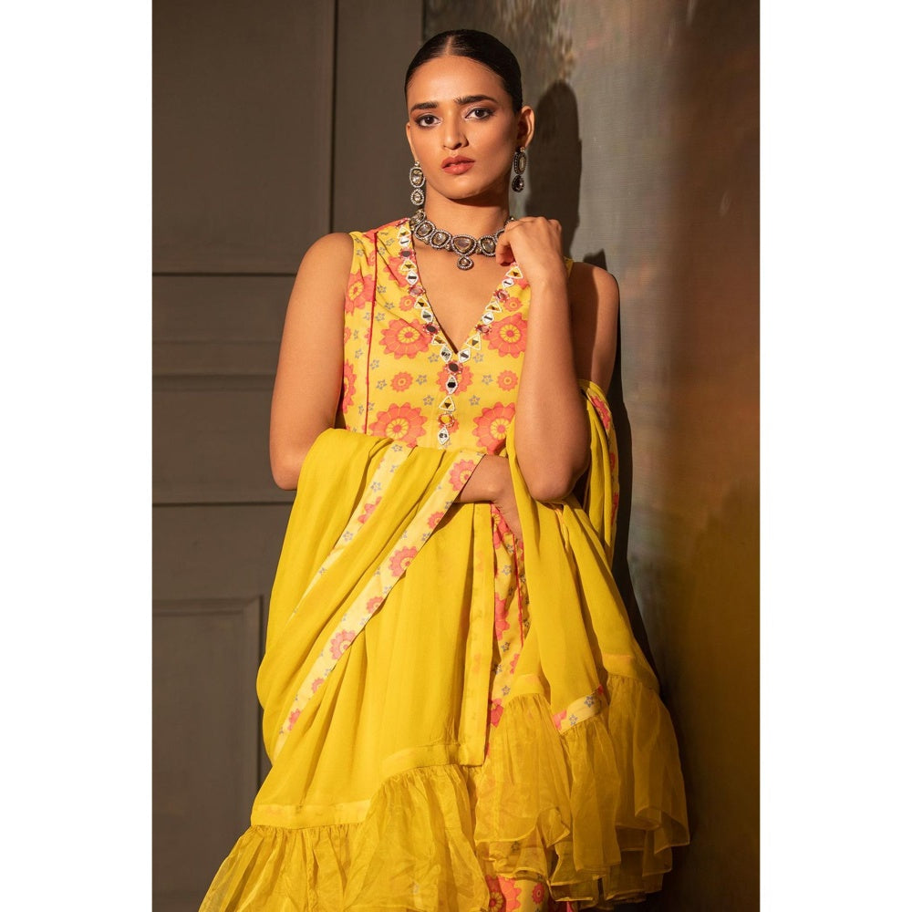 Neha Khullar Yellow Georgette Kurti Sharara with Dupatta (Set of 3)
