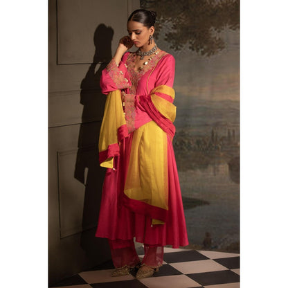 Neha Khullar Fuchsia Chanderi Silk Kurta Pant with Dupatta (Set of 3)