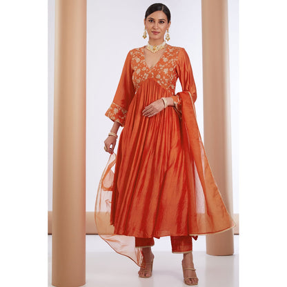 Neha Khullar Orange Chnaderi Silk Anarkali Kurta Pant & Dupatta (Set of 3)