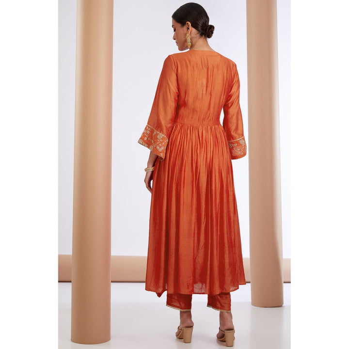 Neha Khullar Orange Chnaderi Silk Anarkali Kurta Pant & Dupatta (Set of 3)