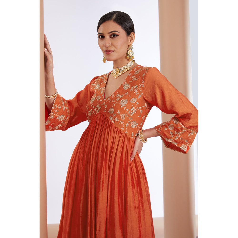 Neha Khullar Orange Chnaderi Silk Anarkali Kurta Pant & Dupatta (Set of 3)