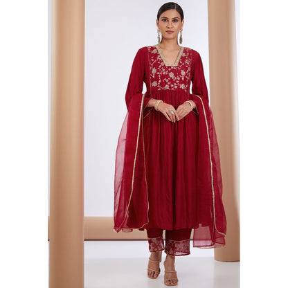 Neha Khullar Red Embroidered Anarkali Kurta Pant & Dupatta (Set of 3)
