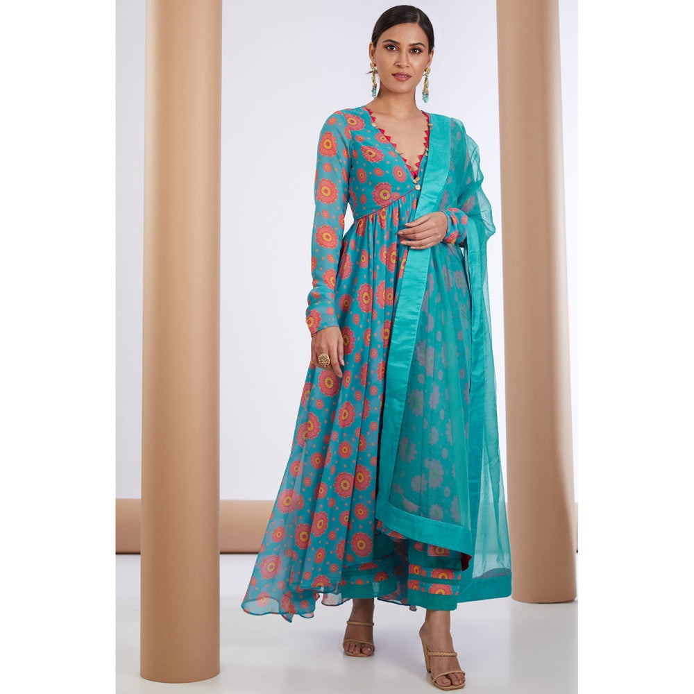 Neha Khullar Printed Blue V Neck Anarkali Kurta Pant & Dupatta (Set of 3)