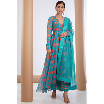 Neha Khullar Printed Blue V Neck Anarkali Kurta Pant & Dupatta (Set of 3)