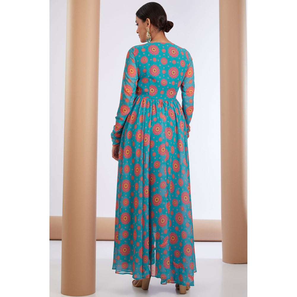 Neha Khullar Printed Blue V Neck Anarkali Kurta Pant & Dupatta (Set of 3)