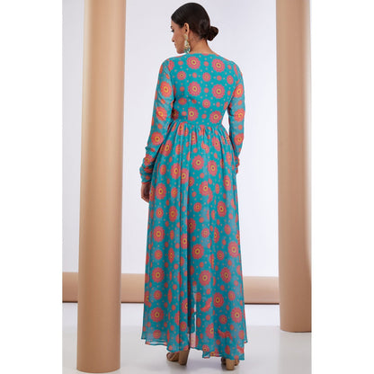 Neha Khullar Printed Blue V Neck Anarkali Kurta Pant & Dupatta (Set of 3)