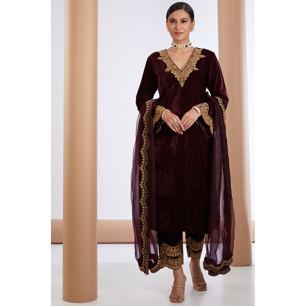 Neha Khullar Wine Embroidered Kurta Pant & Dupatta (Set of 3)