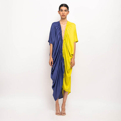 NEORA BY NEHAL CHOPRA Navy Blue & Yellow Rouching Cape