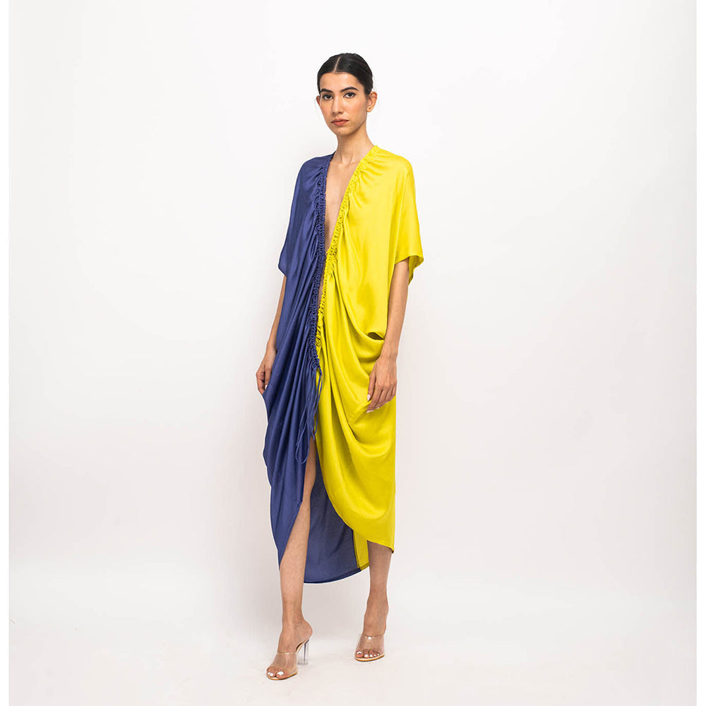 NEORA BY NEHAL CHOPRA Navy Blue & Yellow Rouching Cape