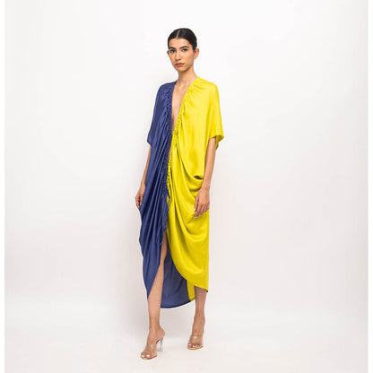 NEORA BY NEHAL CHOPRA Navy Blue & Yellow Rouching Cape
