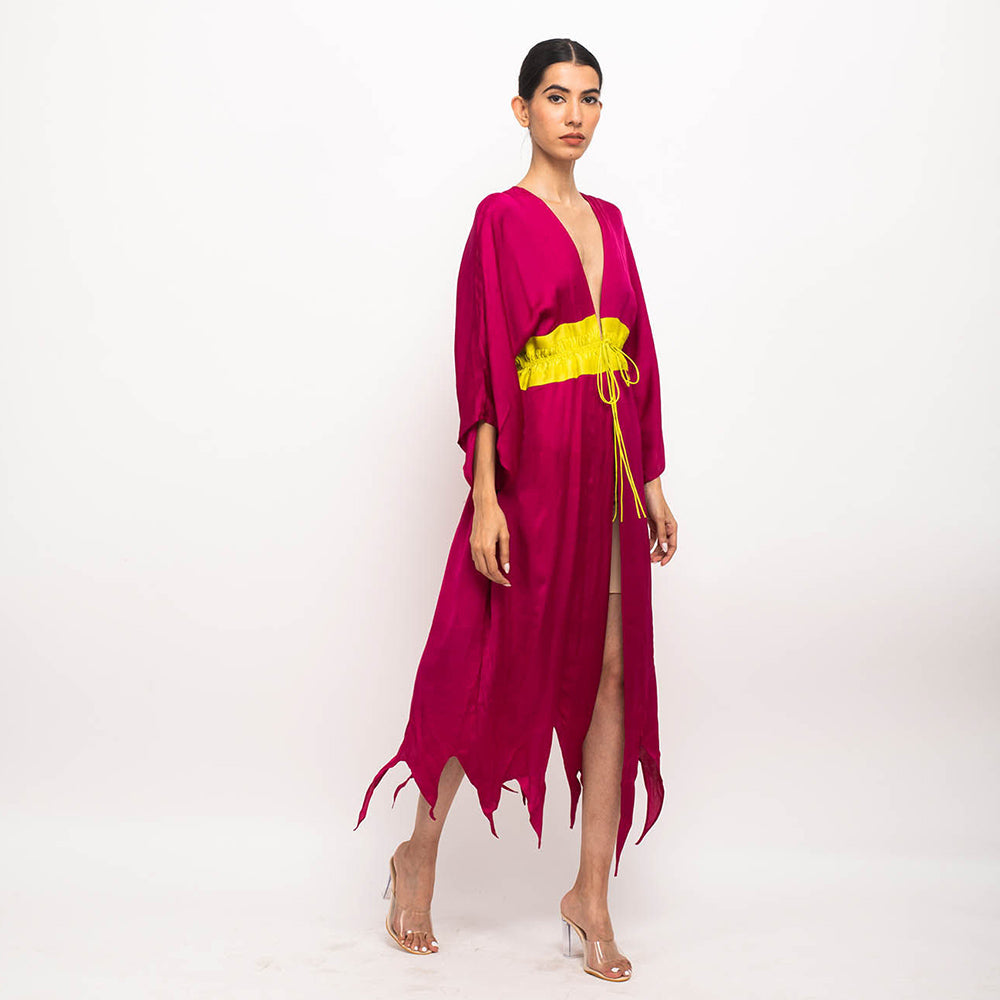 NEORA BY NEHAL CHOPRA Wine & Yellow Asymmetrical Cape