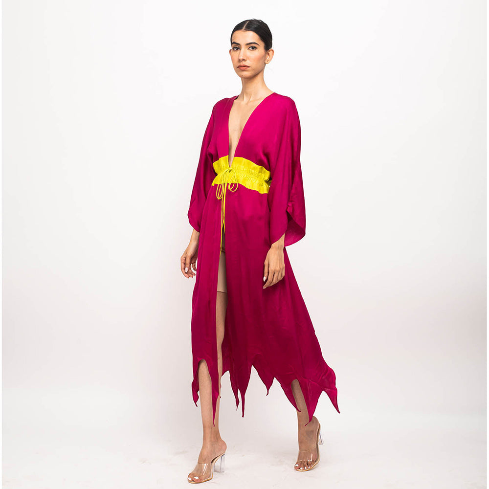 NEORA BY NEHAL CHOPRA Wine & Yellow Asymmetrical Cape
