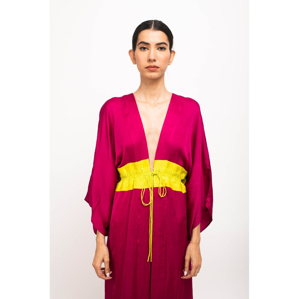 NEORA BY NEHAL CHOPRA Wine & Yellow Asymmetrical Cape
