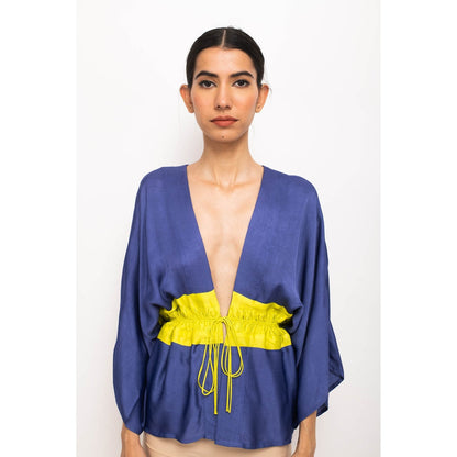 NEORA BY NEHAL CHOPRA Navy Blue & Yellow Short Cape