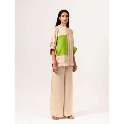 NEORA BY NEHAL CHOPRA Ecru Green Colorblocked Top
