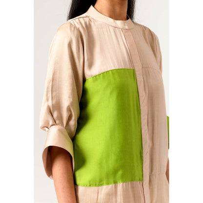 NEORA BY NEHAL CHOPRA Ecru Green Colorblocked Top