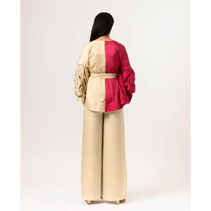 NEORA BY NEHAL CHOPRA Wine Ecru Cape Co Ord (Set of 3)