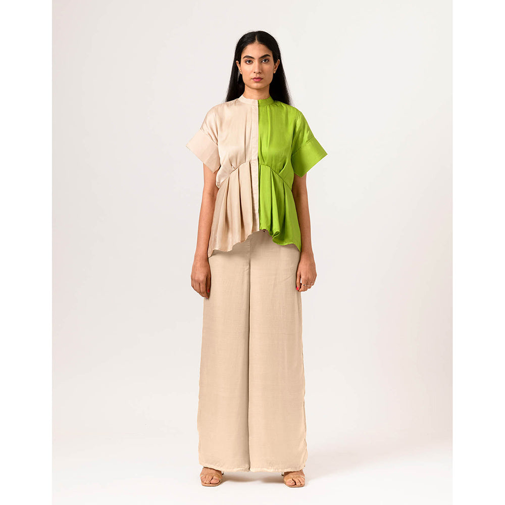 NEORA BY NEHAL CHOPRA Ecru & Green Half & Half Co Ord (Set of 3)