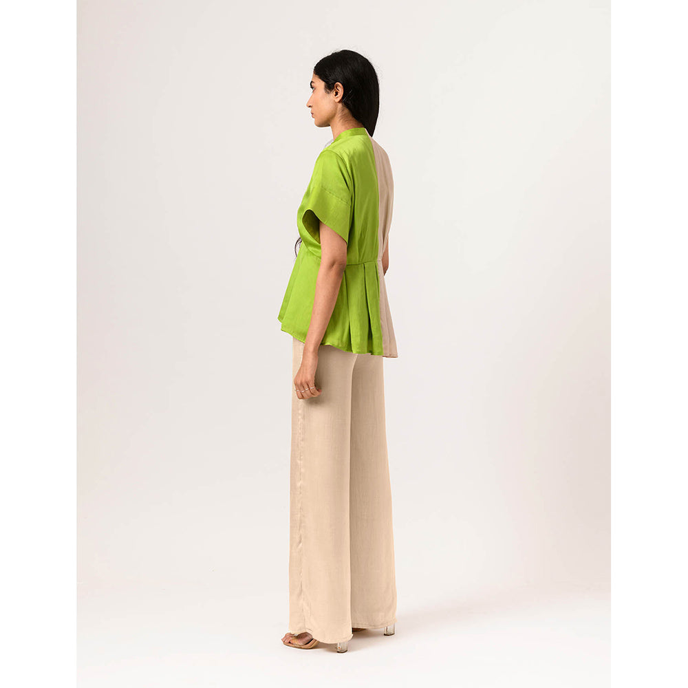 NEORA BY NEHAL CHOPRA Ecru & Green Half & Half Co Ord (Set of 3)