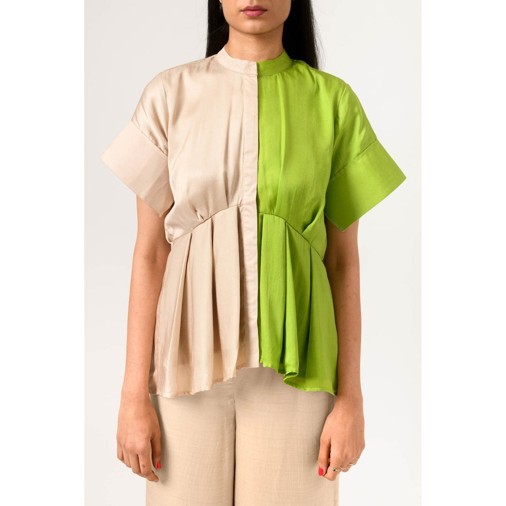 NEORA BY NEHAL CHOPRA Ecru & Green Half & Half Co Ord (Set of 3)