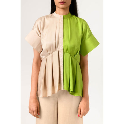 NEORA BY NEHAL CHOPRA Ecru & Green Half & Half Co Ord (Set of 3)