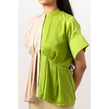 NEORA BY NEHAL CHOPRA Ecru & Green Half & Half Co Ord (Set of 3)