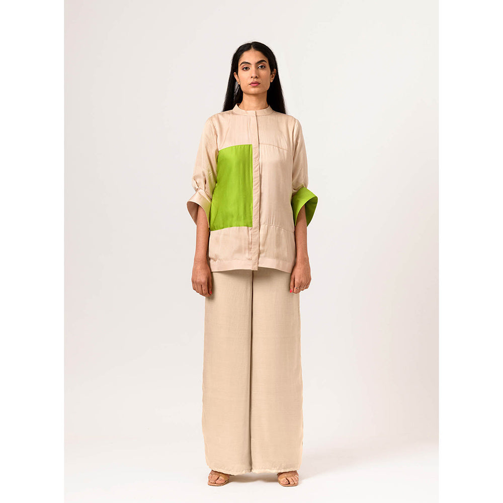NEORA BY NEHAL CHOPRA Ecru & Green Blocked Co Ord (Set of 2)