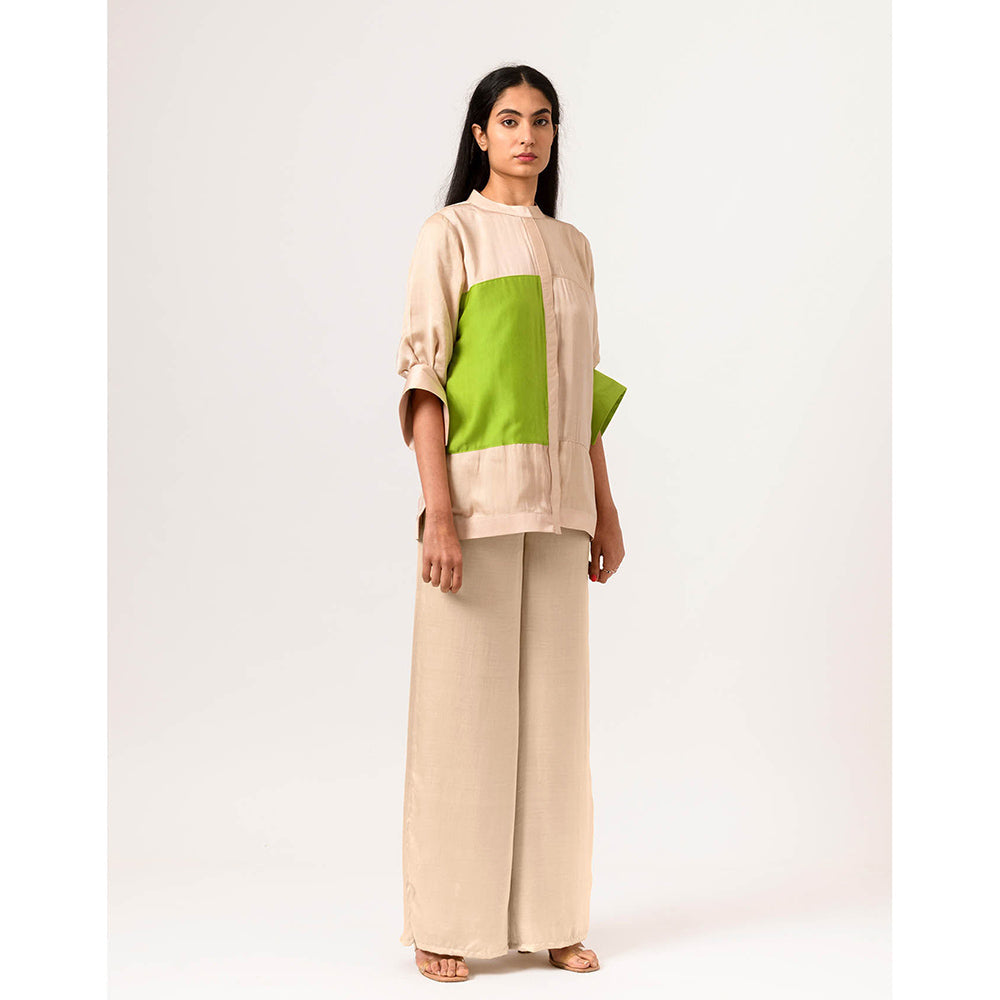 NEORA BY NEHAL CHOPRA Ecru & Green Blocked Co Ord (Set of 2)