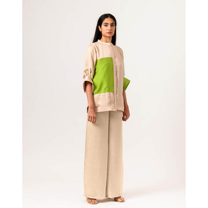 NEORA BY NEHAL CHOPRA Ecru & Green Blocked Co Ord (Set of 2)