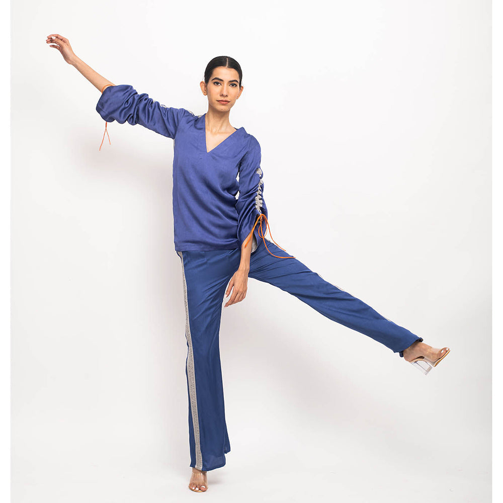 NEORA BY NEHAL CHOPRA Navy Blue & Grey Rouching Co Ord (Set of 2)