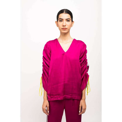 NEORA BY NEHAL CHOPRA Wine & Grey Rouching Co Ord (Set of 2)