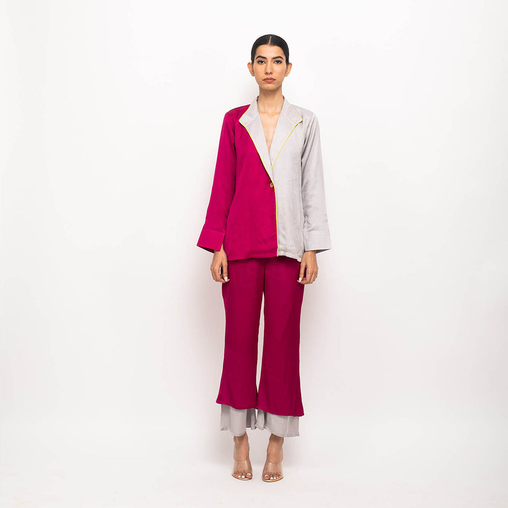 NEORA BY NEHAL CHOPRA Wine & Grey Blazer Co Ord (Set of 2)