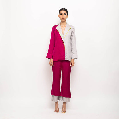 NEORA BY NEHAL CHOPRA Wine & Grey Blazer Co Ord (Set of 2)