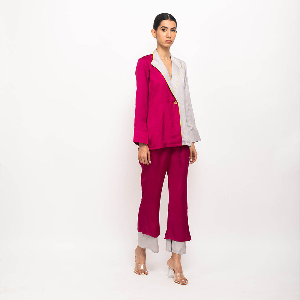 NEORA BY NEHAL CHOPRA Wine & Grey Blazer Co Ord (Set of 2)