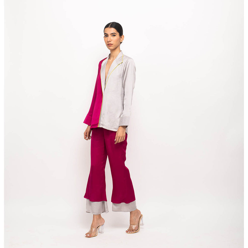 NEORA BY NEHAL CHOPRA Wine & Grey Blazer Co Ord (Set of 2)