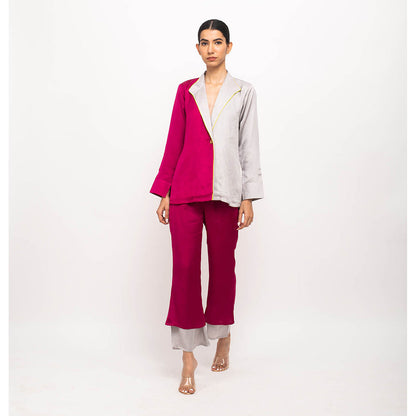 NEORA BY NEHAL CHOPRA Wine & Grey Blazer Co Ord (Set of 2)