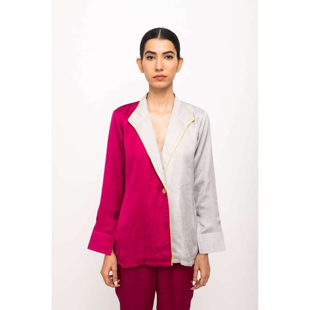 NEORA BY NEHAL CHOPRA Wine & Grey Blazer Co Ord (Set of 2)