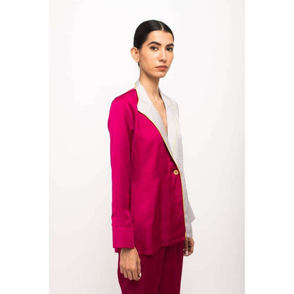 NEORA BY NEHAL CHOPRA Wine & Grey Blazer Co Ord (Set of 2)