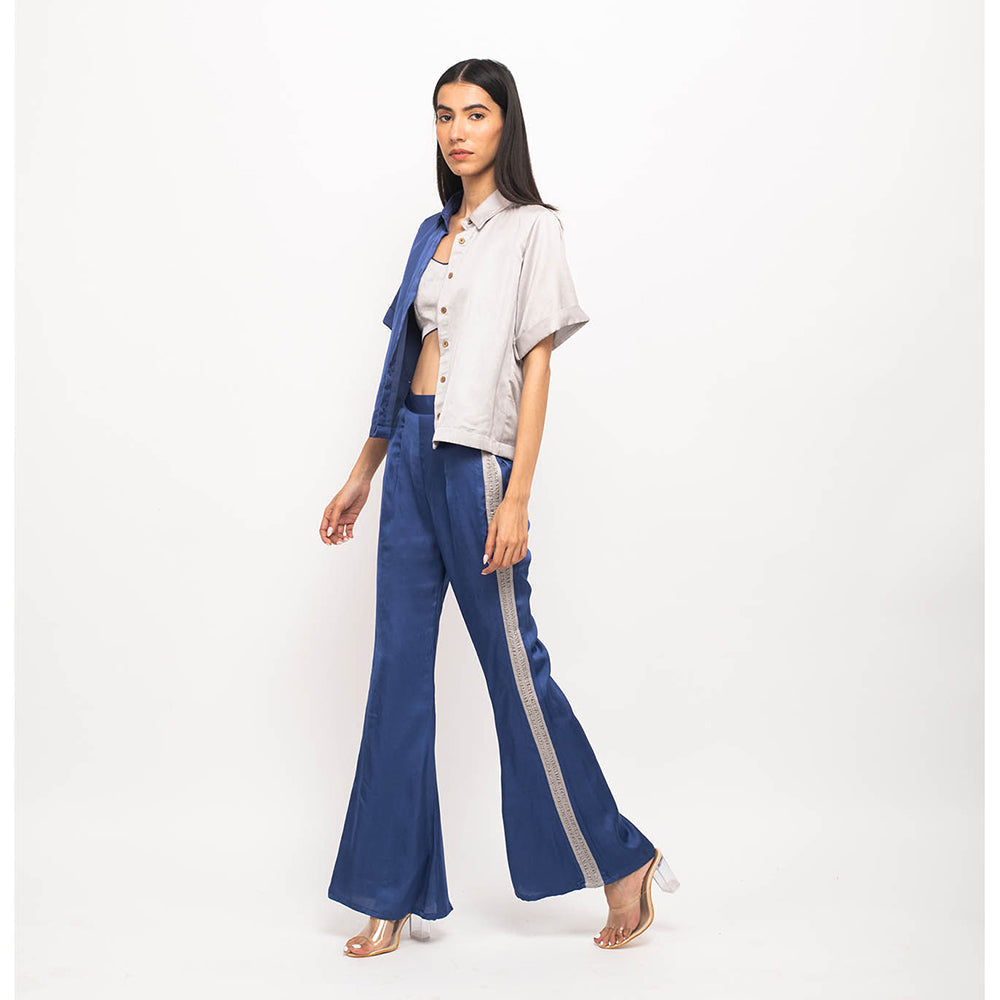NEORA BY NEHAL CHOPRA Navy Blue & Grey Half & Half Rouching Co Ord (Set of 3)