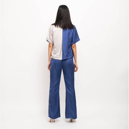 NEORA BY NEHAL CHOPRA Navy Blue & Grey Half & Half Rouching Co Ord (Set of 3)